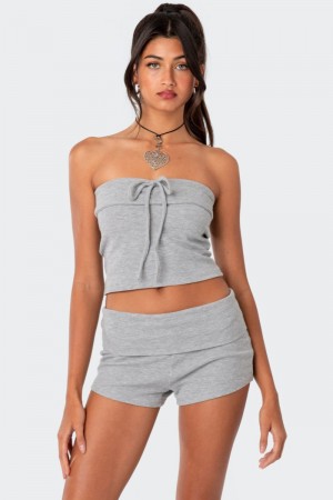 Edikted Lizzy Foldover Waffle Tube Crop Tops Gray Melange | USA AI514551A1