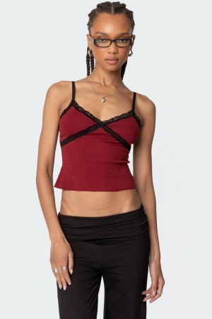 Edikted Llena Lace Trim Tank Top Burgundy | USA CY299159X8