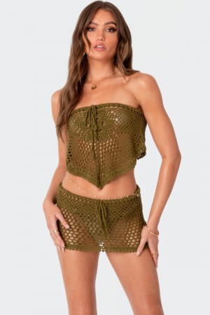 Edikted Lolani Handkerchief Crochet Crop Tops Olive | USA ML296309X3