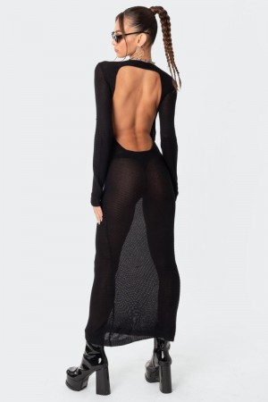 Edikted London Knitted Open Back Maxi Long Sleeve Dress Black | USA JQ850095K1