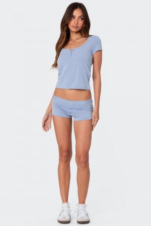 Edikted Lorelei Printed Pointelle Shorts Blue | USA TV836073A4
