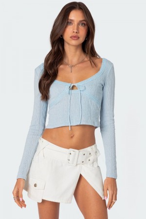 Edikted Lorey Lacey Knit Crop Tops Light Blue | USA RB857335C7