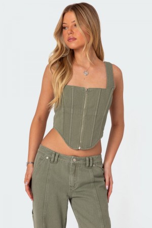 Edikted Lottie Washed Denim Zip Corset Olive | USA JS381498O1