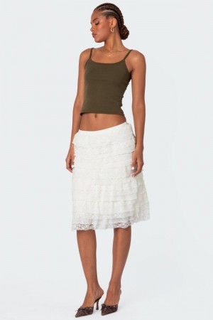Edikted Louise Lace And Mesh Ruffle Midi Skirts Cream | USA PP399409B6