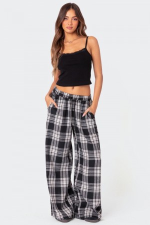 Edikted Lounge Around Plaid Wide Leg Pants Black And White | USA AH608690Z5