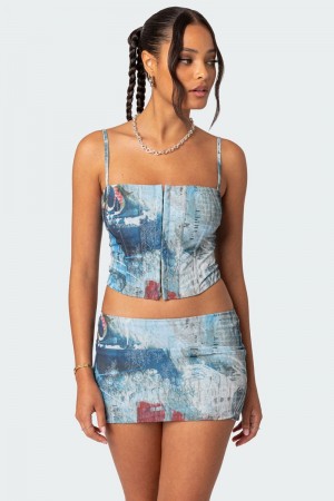 Edikted Love Letter Printed Mesh Corset Blue | USA CY171307E3