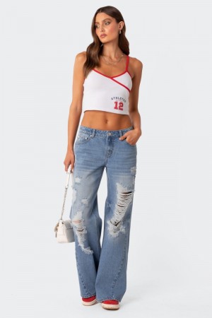 Edikted Low Rise Distressed Wide Leg Jeans Blue | USA ZW488188C6