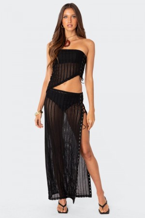 Edikted Lucea Lace Up Sheer Knit Maxi Skirts Black | USA SS024502P7