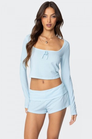 Edikted Lucilla Wide Neck Ribbed Long Sleeve Tops Light Blue | USA CY414611A6