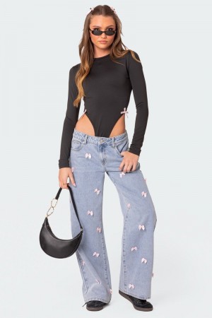 Edikted Lucille Low Rise Satin Bow Jeans Light Blue | USA NF971047L3
