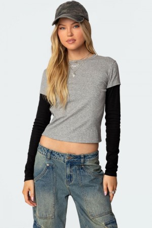 Edikted Lucine Layered Long Sleeve T Shirts Gray Melange | USA BB450625L4