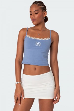Edikted Lucky Girl Lace Trim Tank Graphic Tops Blue | USA OO520902Q7
