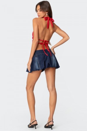 Edikted Luma Split Front Backless Halter Crop Tops Black | USA UY370747P8