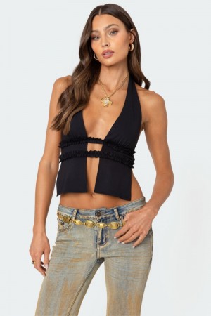 Edikted Luma Split Front Backless Halter Crop Tops Black | USA SI500940X2