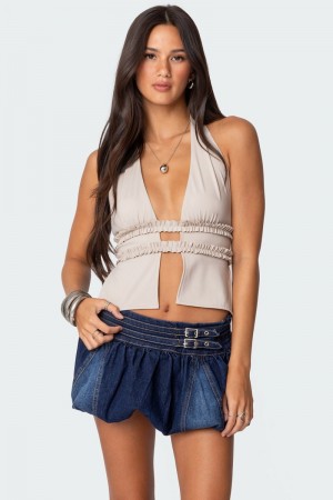 Edikted Luma Split Front Backless Halter Crop Tops Black | USA UG663276X5