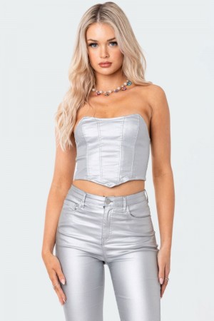 Edikted Luna Faux Leather Stretch Corset Crop Tops Black | USA UX338273Y8