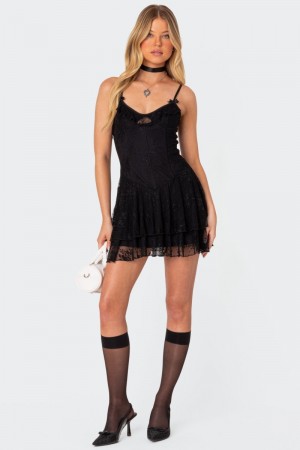Edikted Lyla Lace Corset Mini Dress LBD Black | USA HU966266A7