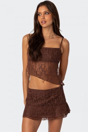 Edikted Lyra Open Back Lace Tank Crop Tops Brown | USA PI501160M3
