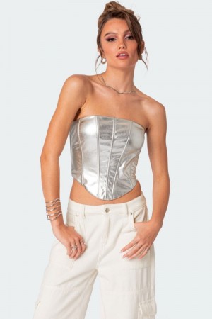 Edikted Mabel Metallic Faux Leather Corset Strapless Tops Silver | USA QX989818W3