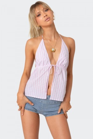 Edikted Madelyn Tie Front Tank Top Blue And White | USA BG911891D3