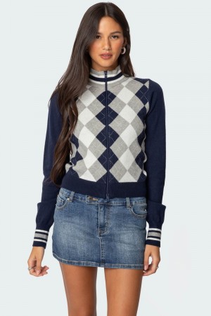 Edikted Madisen Argyle Knit Cardigan Navy | USA YL565806L1