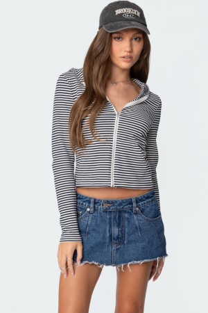 Edikted Madison Striped Zip Up Hoodie Long Sleeve Tops Navy And White | USA XA237973M1