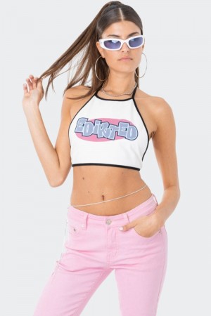 Edikted Mae Open-Back Halter Graphic Tops White | USA FQ670437I1