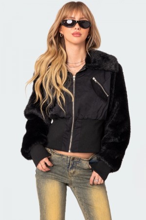 Edikted Malliora Faux Fur Nylon Jackets Black | USA IE159925Q0