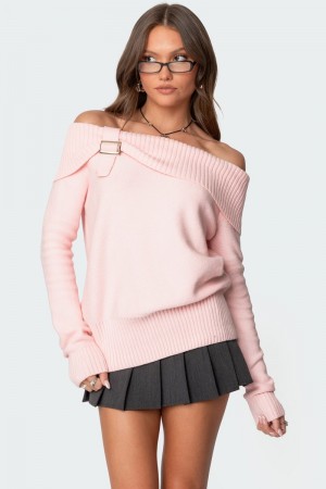 Edikted Marilyn Buckled Off Shoulder Sweater Pink | USA PL276237A1