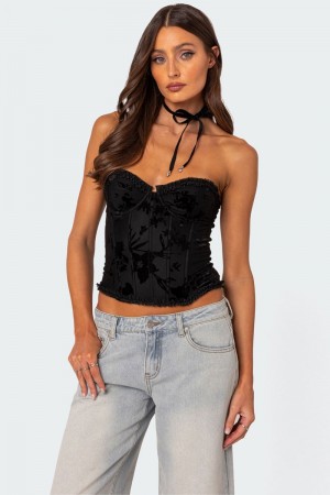 Edikted Marnie Velvet Embroidered Corset Black | USA IQ602770M4