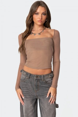 Edikted Marta Mesh Long Sleeve Tops Black | USA BS185628X6