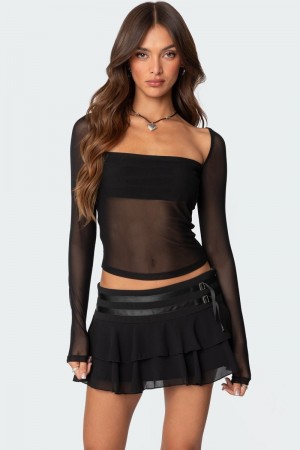 Edikted Marta Mesh Long Sleeve Tops Black | USA RE011871G5