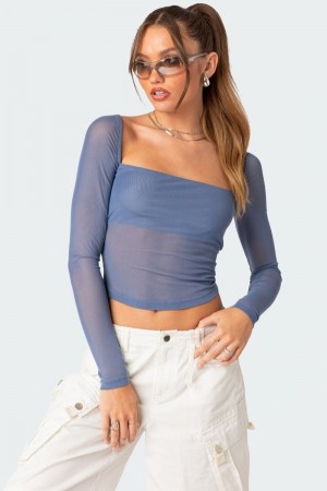 Edikted Marta Mesh Long Sleeve Tops Black | USA WS880728Q1