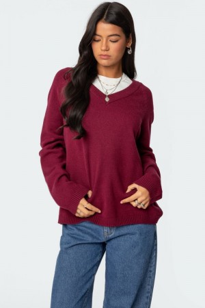 Edikted Martha Oversized V Neck Sweater Long Sleeve Tops Burgundy | USA US158315Z4