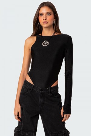 Edikted Mason One Sleeve Bodysuit Long Sleeve Tops Black | USA WY096319R8