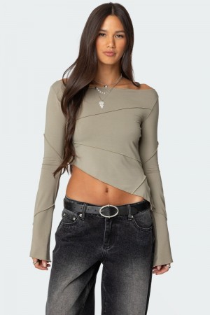 Edikted Maura Boat Neck Asymmetric Long Sleeve Tops Green | USA KL183638I3