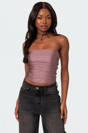 Edikted Maxeen Shiny Gathered Tube Strapless Tops Burgundy | USA XQ398719H3