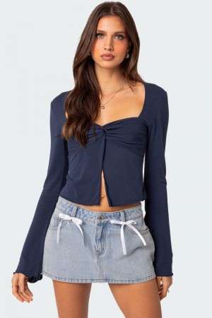Edikted Maxine Twist Front Long Sleeve Tops Navy | USA RN435853D2