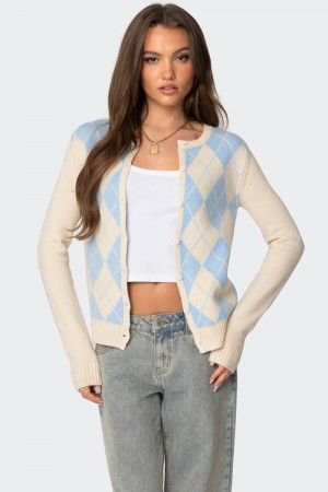 Edikted Maybelle Argyle Cardigan Long Sleeve Tops Cream And Blue | USA UV928572M0