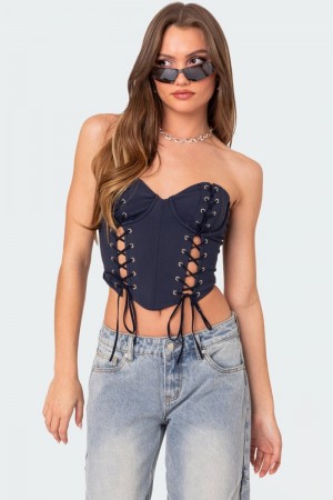 Edikted Mckenna Lace Up Corset Strapless Tops Navy | USA QB979617O9