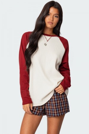 Edikted Me Time Oversized Waffle Long Sleeve Tops Burgundy | USA QL669906H9