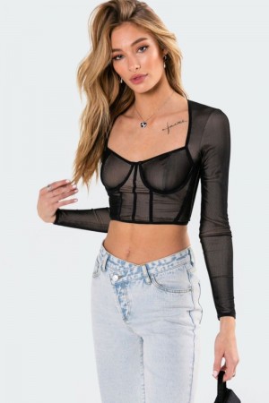Edikted Megan Bodice Crop Long Sleeve Tops Black | USA UR920352M6