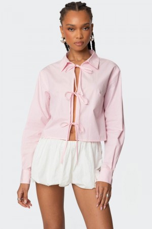 Edikted Melrose Tie Front Collared Long Sleeve Tops Light Pink | USA ZI238183L8