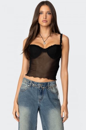 Edikted Mercy Sheer Mesh Bra Corset Black | USA HP470547A9