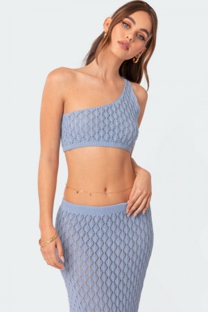 Edikted Mermaid One Shoulder Crochet Crop Tops Blue | USA UG019821E2