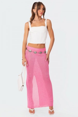 Edikted Micro Sequin Sheer Knit Maxi Skirts Pink | USA CZ508600Q8