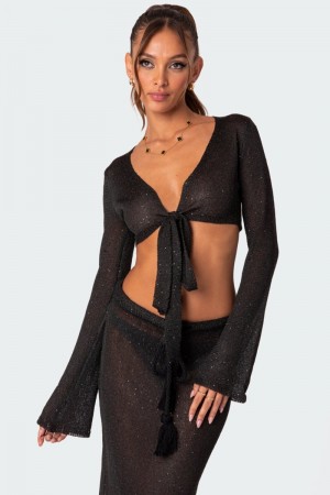 Edikted Micro Sequin Tie Front Crop Knitted Tops Black | USA AH567326W1
