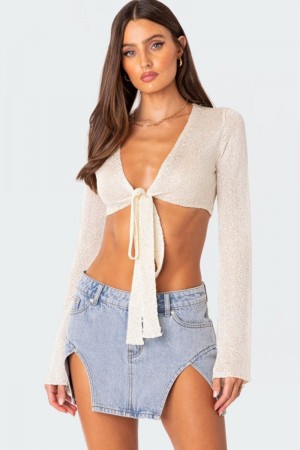 Edikted Micro Sequin Tie Front Knit Crop Long Sleeve Tops Black | USA WO554585R7