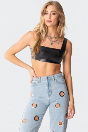 Edikted Midnight Faux Leather Crop Tops Black | USA KH729332A0