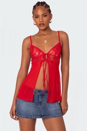 Edikted Mimosa Sheer Lace Long Tank Top Red | USA GT000110L3